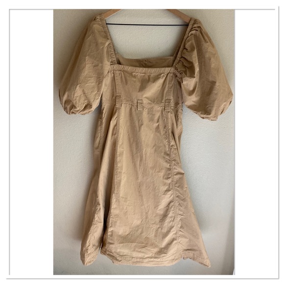Ganni Ripstop Cotton Chino Puff Sleeve Midi Dress A Line Silhouette Tan Size L - Picture 5 of 11